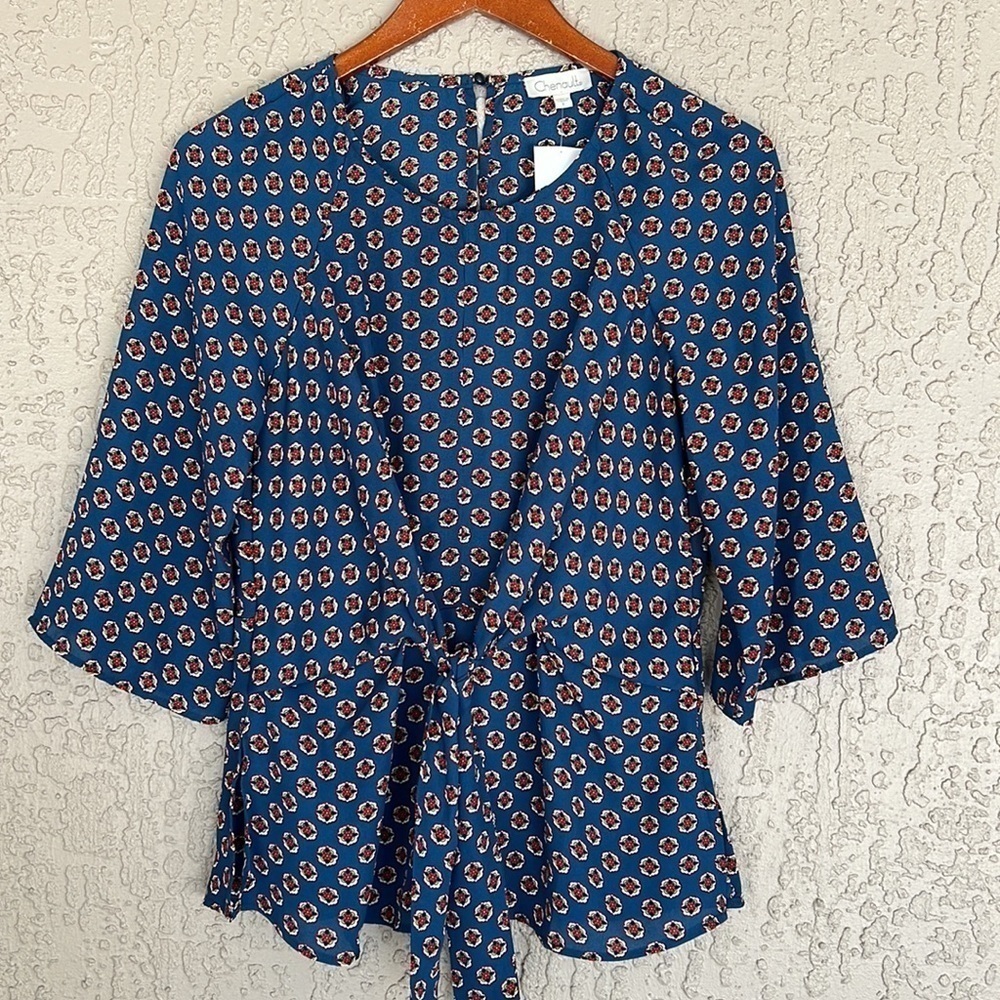 Chenault Teal Floral Front Tie Kimono Sleeve Top NWT - Picture 4 of 13
